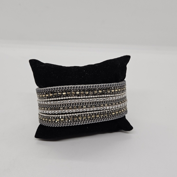 gray faux leather bracelet with multicolor studs and chains - Picture 1 of 3